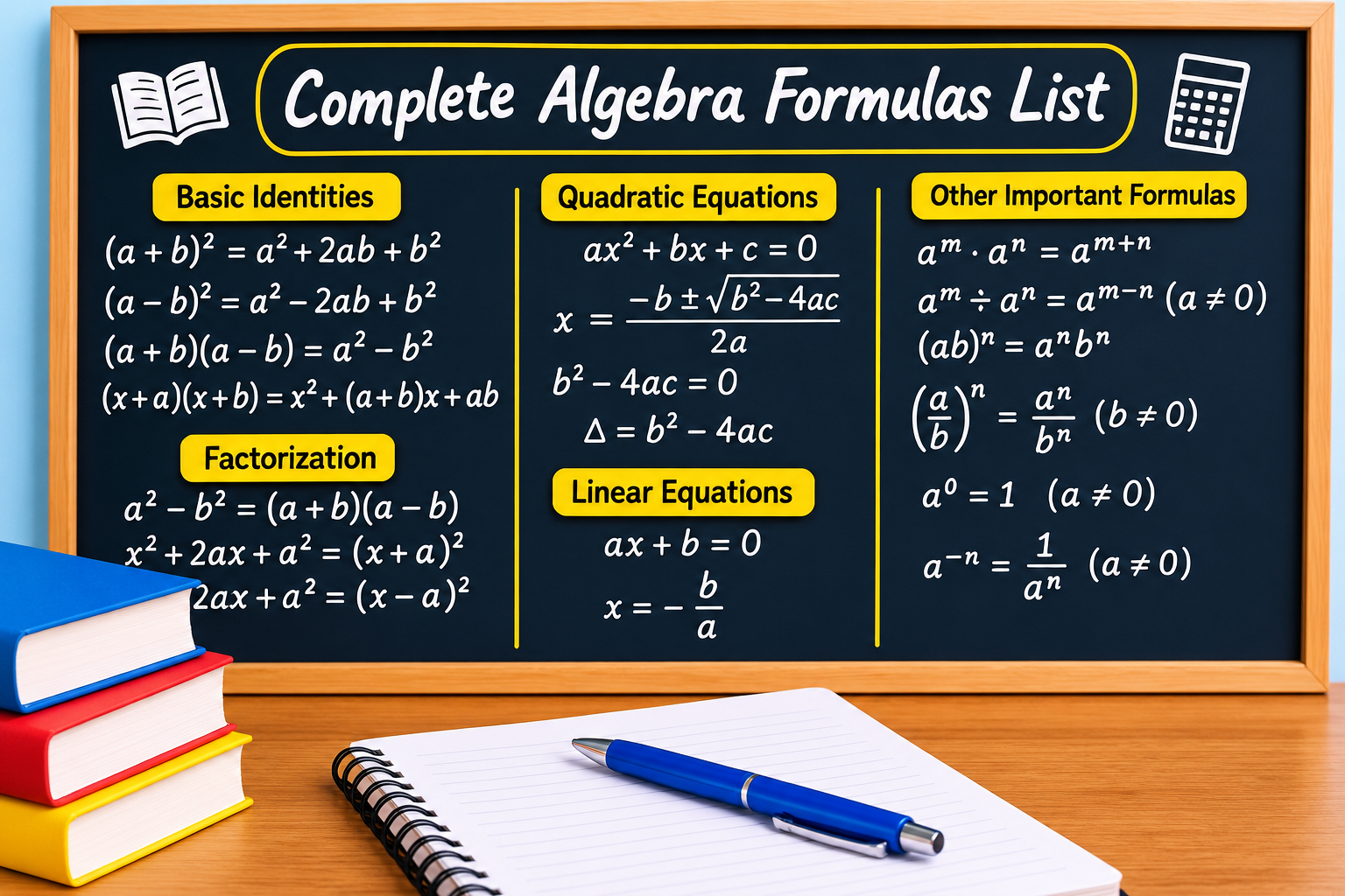 Complete Algebra Formulas List